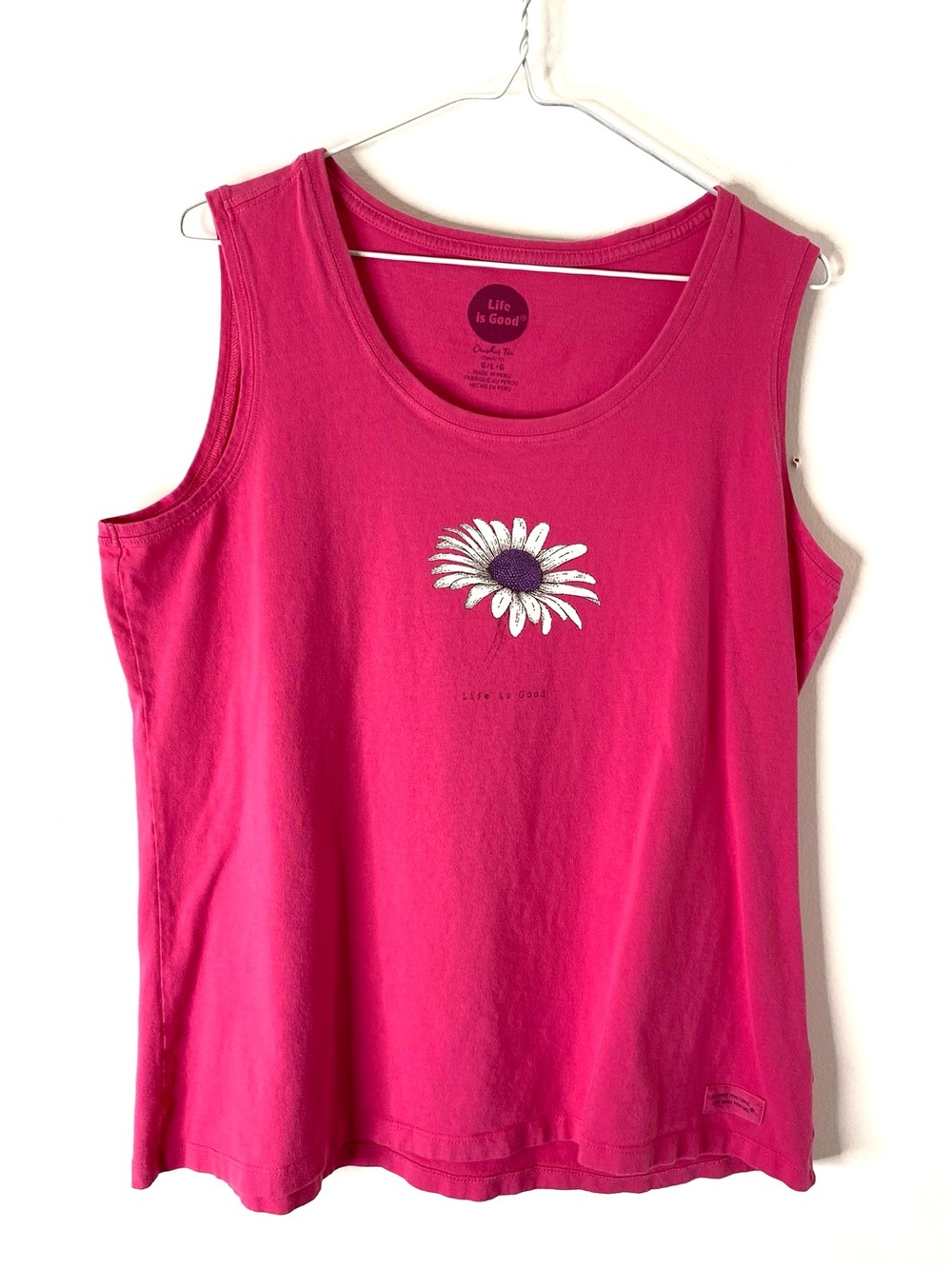 Life Is Good Pink Daisy Graphic Crusher Tank Top Relaxed Cotton Sleeveless